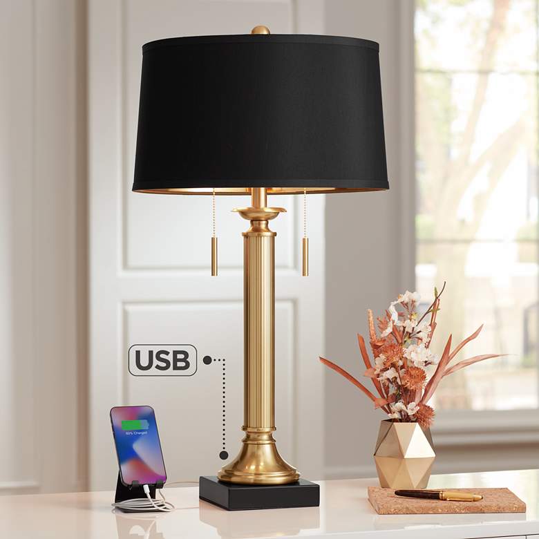Image 1 Possini Euro Wynne Warm Gold and Black 2-Light Desk Lamp with Dual USB Port