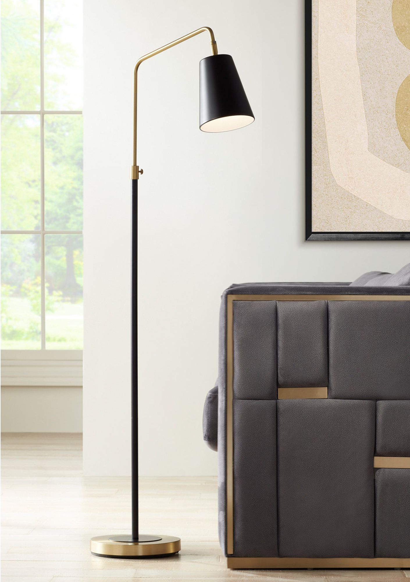 Image Possini Euro Zella 56 1/2" Black Brass Offset Arm Floor Lamp