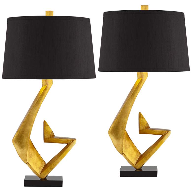 Image 2 Possini Euro Zeus Gold Leaf Modern Table Lamps with Black Shades Set of 2