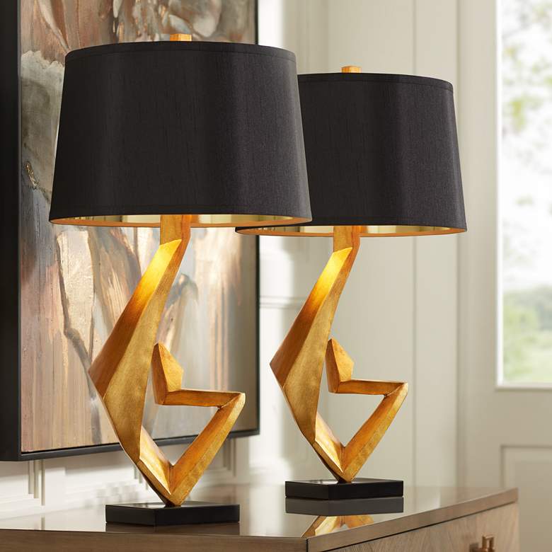 Image 1 Possini Euro Zeus Gold Leaf Modern Table Lamps with Black Shades Set of 2
