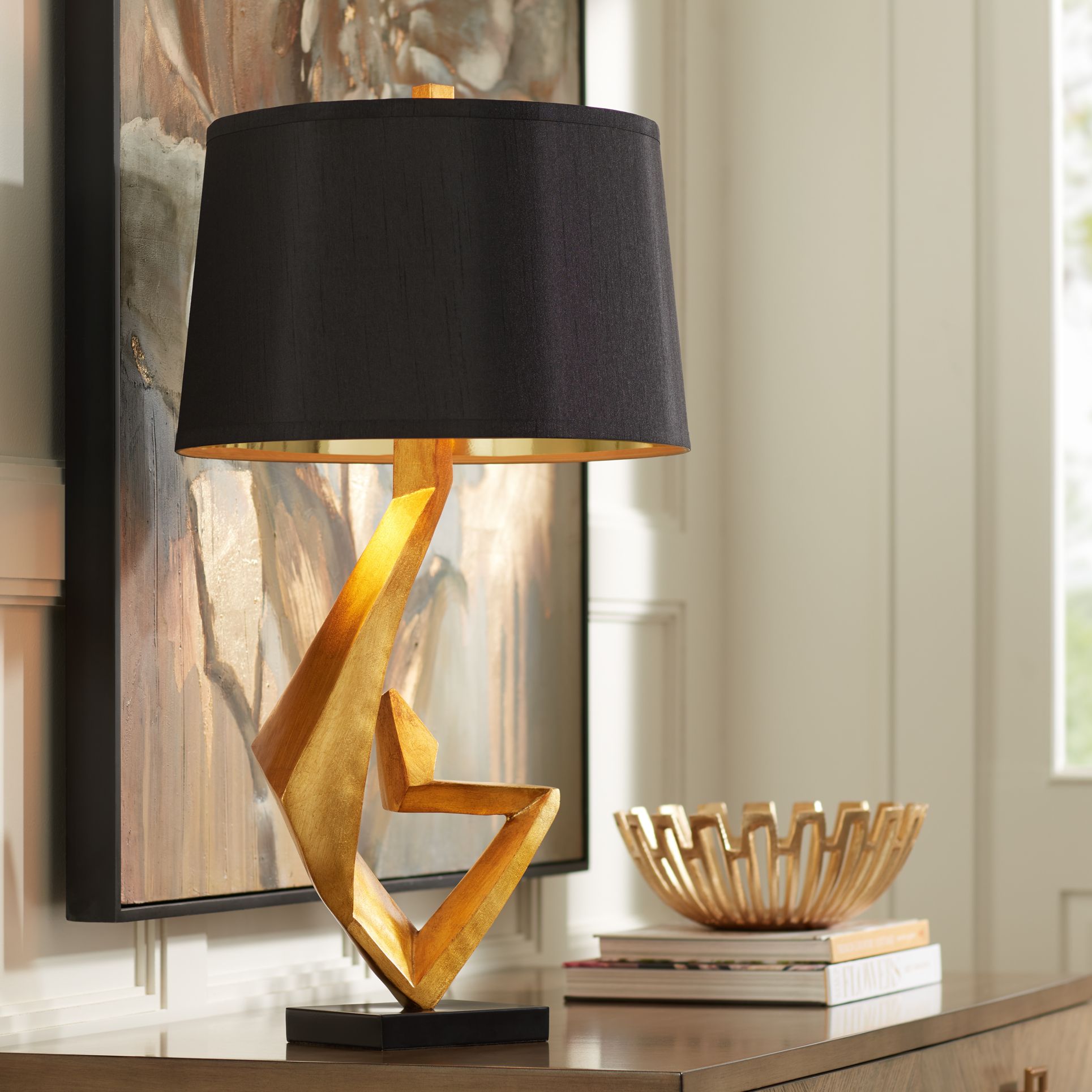 Watch A Video About the Possini Euro Zeus Black Shade Gold Leaf Sculpture Table Lamp