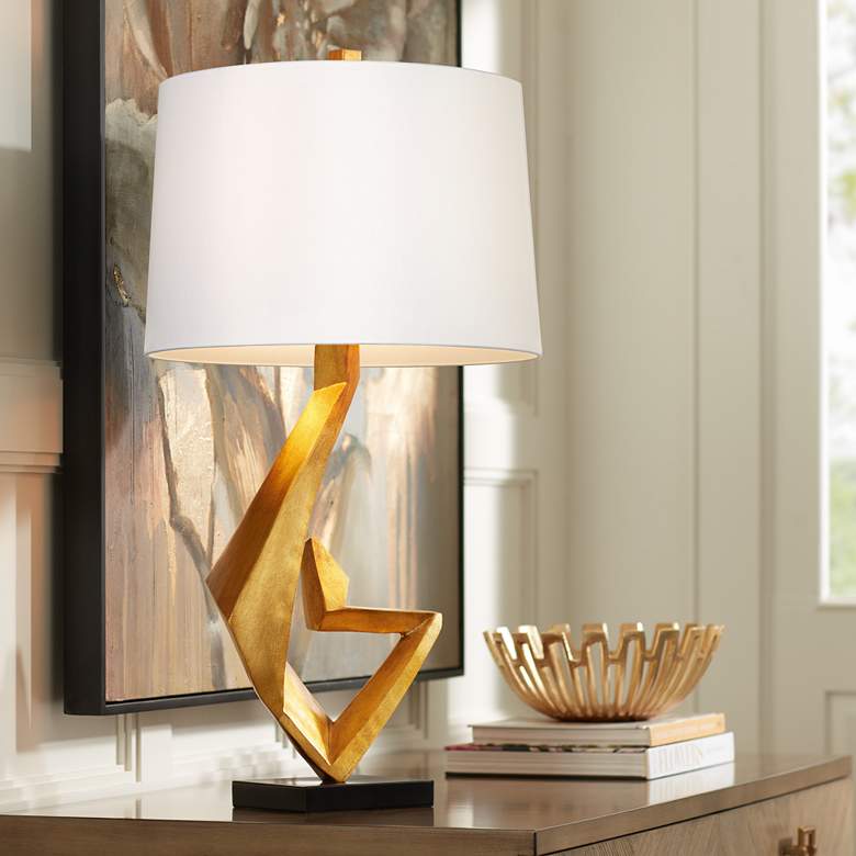 Image 1 Possini Euro Zeus Gold Leaf Table Lamp with White Shade