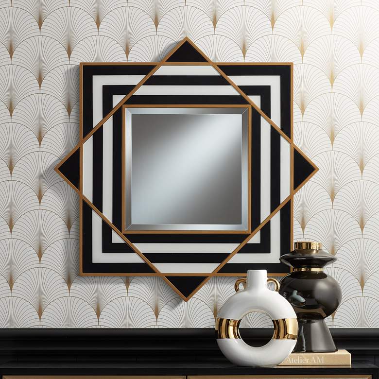 Image 2 Possini Euro Zorra 36 inch x 36 Modern Black and White Stripe Wall Mirror