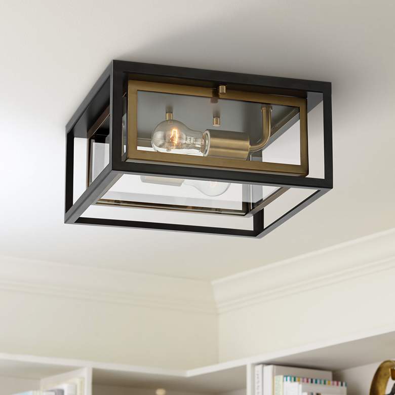 Image 1 Possini Kie 12" Wide Black-Gold Double Box Outdoor LED Ceiling Light