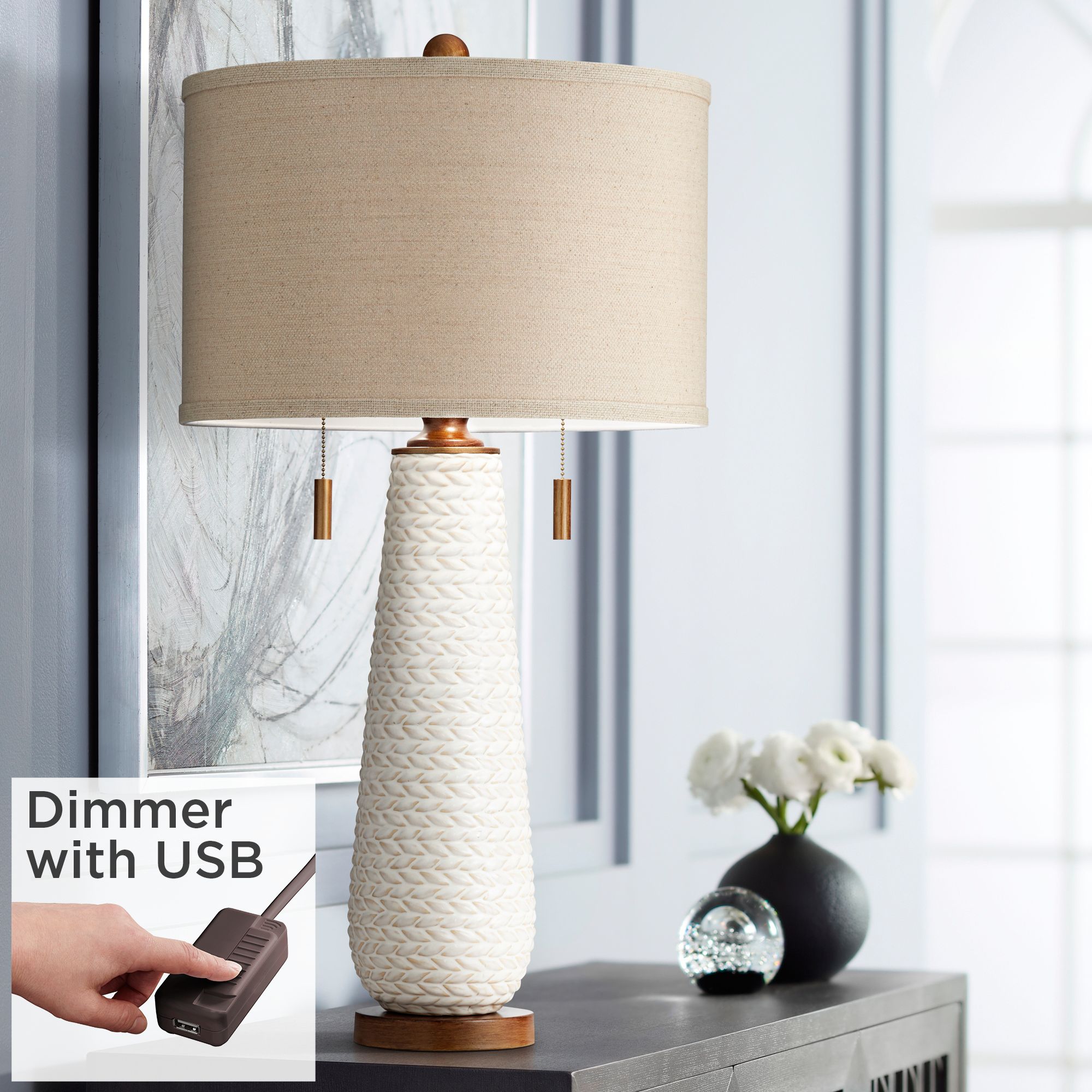 Possini Kingston White Ceramic Table Lamp with USB Table Top