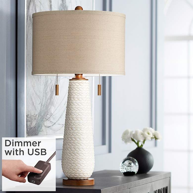Image 1 Possini Kingston White Ceramic Table Lamp with USB Table Top Dimmer