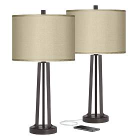 Image1 of Possini Taupe Faux Silk and Dark Bronze USB Table Lamps Set of 2