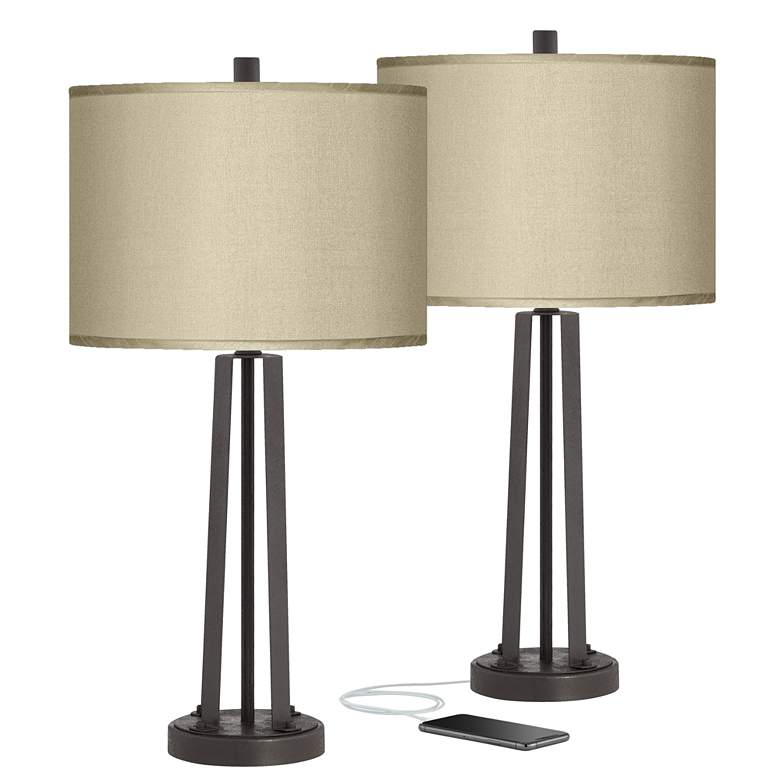Image 1 Possini Taupe Faux Silk and Dark Bronze USB Table Lamps Set of 2
