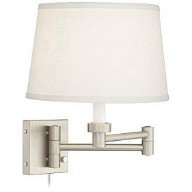 Image5 of Possini White Linen Shade Brushed Nickel Adjustable Plug-In Wall Lamp more views