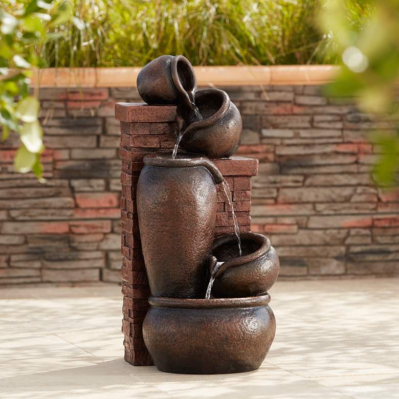 Image 1 Pot and Bricks 32 inch High Brown LED Cascading Outdoor Fountain