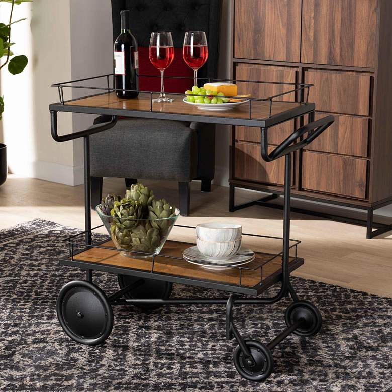 Image 1 Potter 32 1/4 inch Wide Brown and Black 2-Tier Wine Serving Cart
