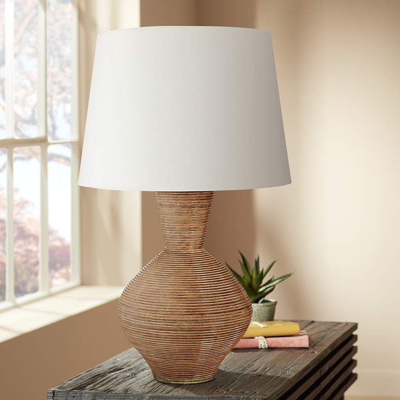 Image 1 Potter Salmon Hand-Made Stripe Vase Terracotta Table Lamp