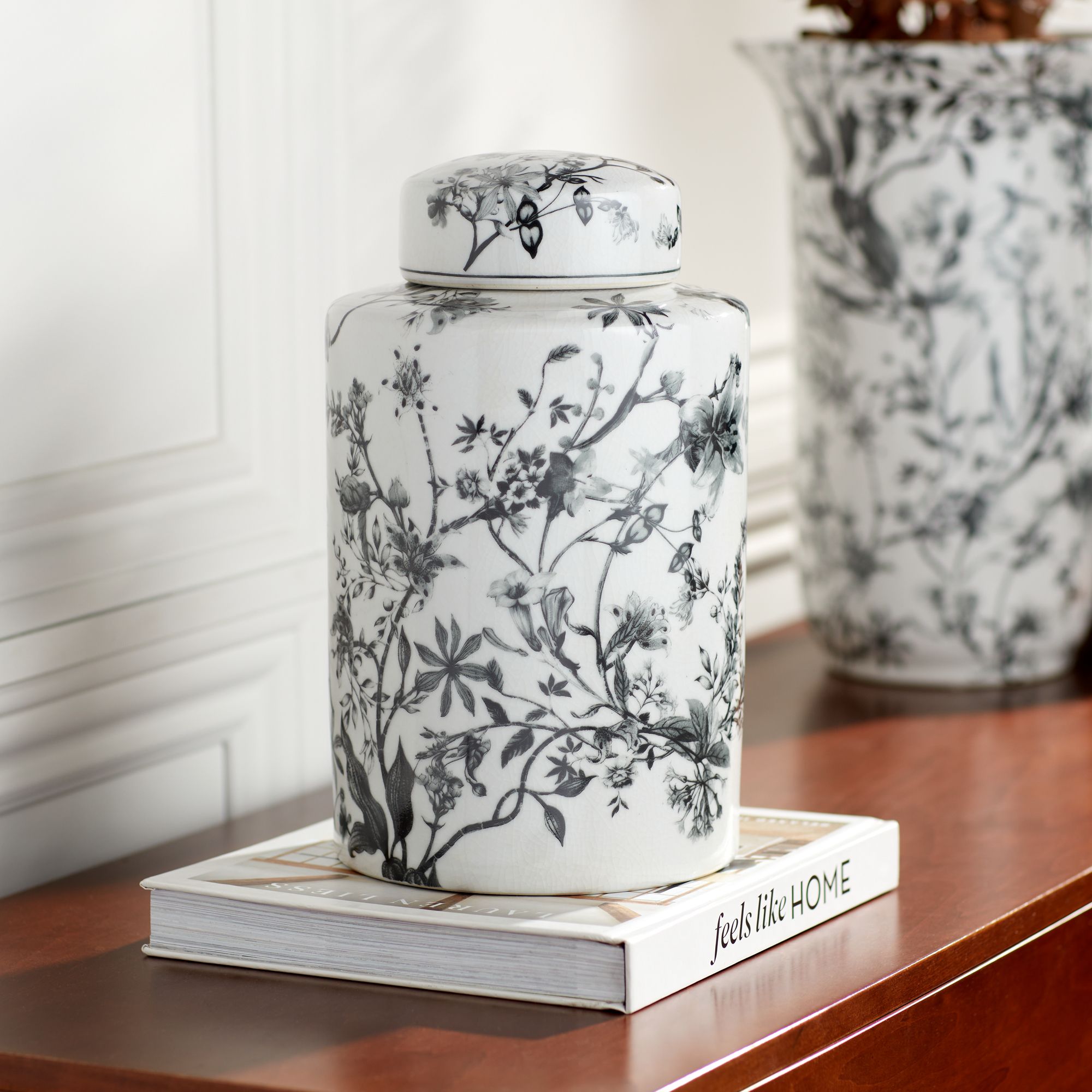 Prentiss Black and White 3-Piece Ceramic Vase and Jar Set in scene