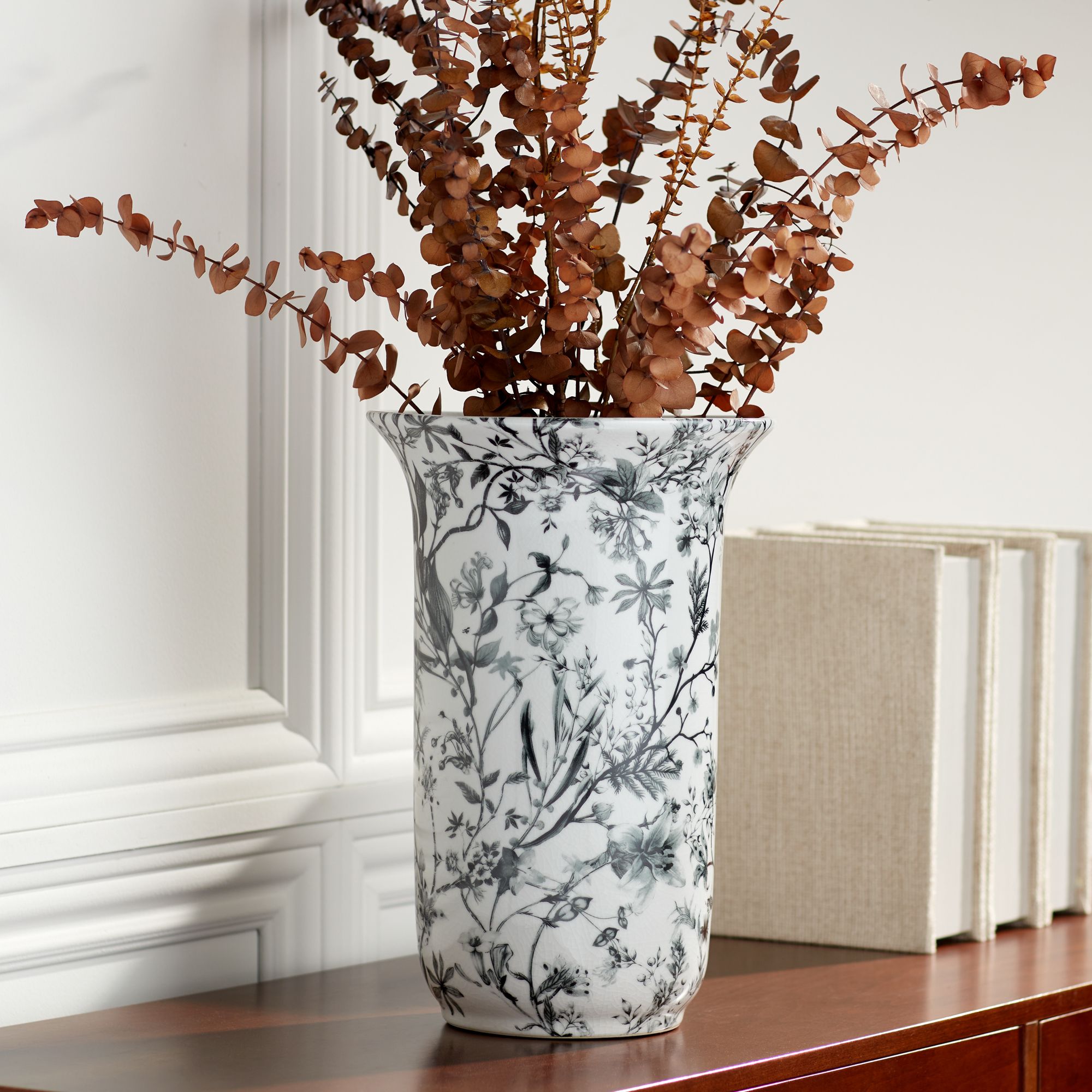 Prentiss Black and White 3-Piece Ceramic Vase and Jar Set in scene