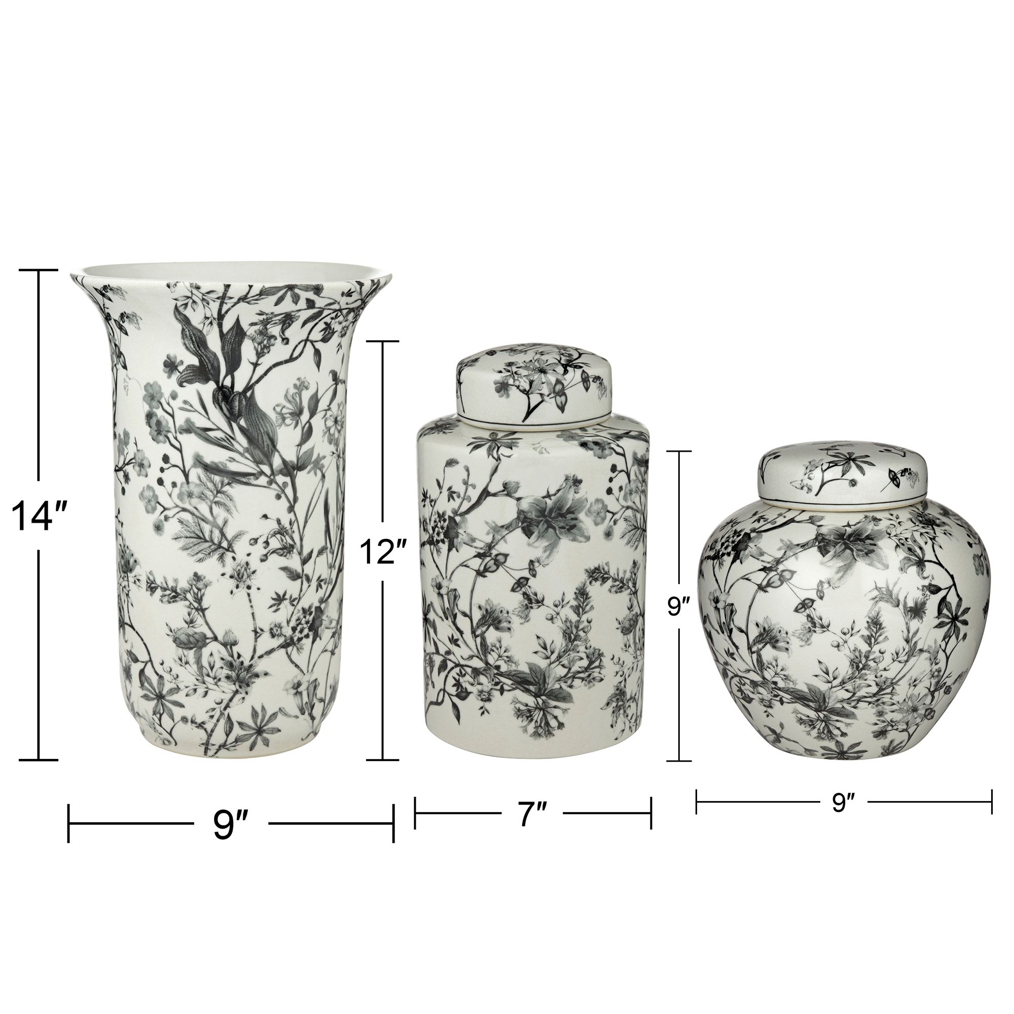 Prentiss Black and White 3-Piece Ceramic Vase and Jar Set in scene