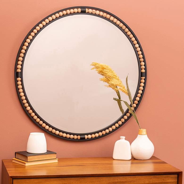 Image 1 Preslie Matte Black Wooden Beaded 31 1/2 inch Round Wall Mirror