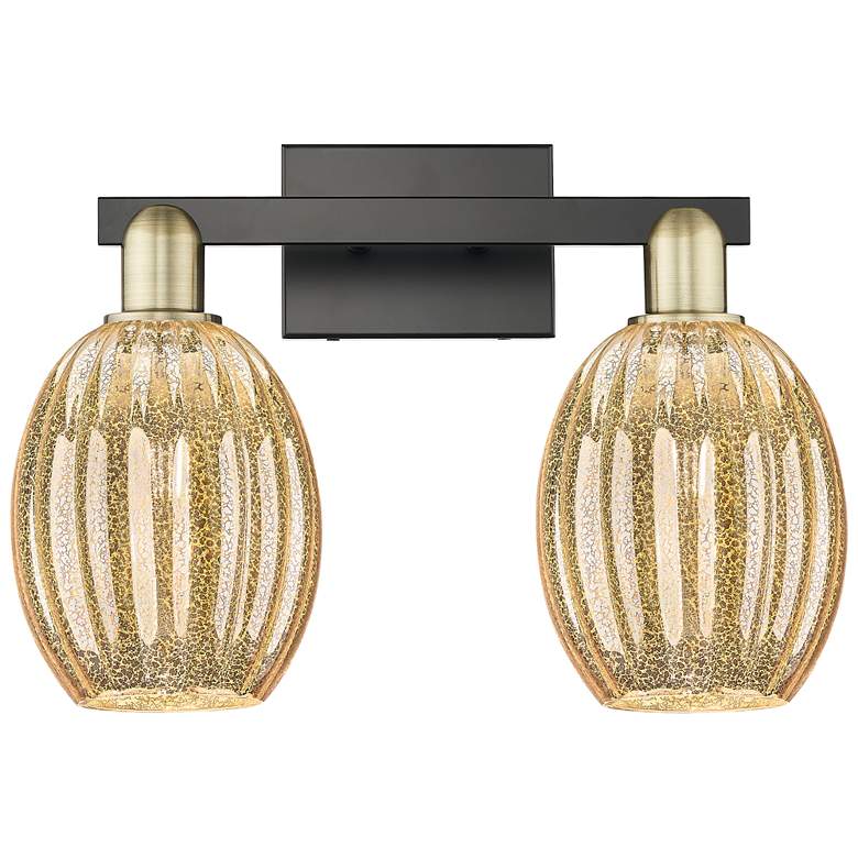 Image 1 Preston 16"W 2 Light Black Brass Bath Light With Bell Mercury Shade