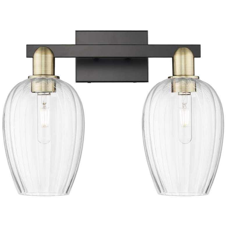 Image 1 Preston 16"W 2 Light Black Brass Bath Light With Clear Flute Shade