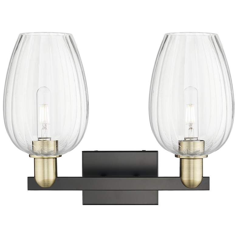 Image 2 Preston 16"W 2 Light Black Brass Bath Light With Clear Flute Shade more views