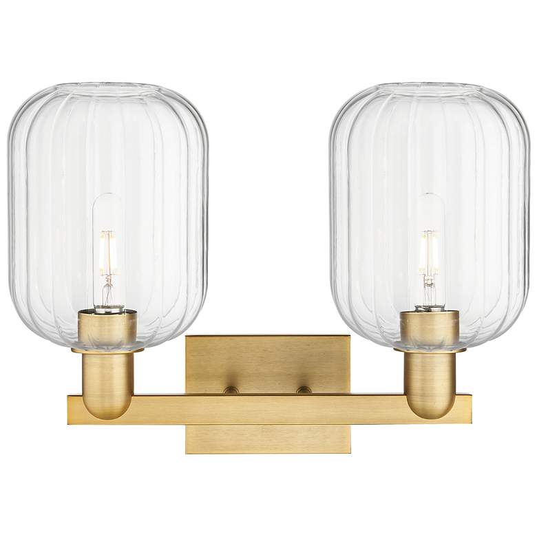 Image 2 Preston 16"W 2 Light Brushed Brass Bath Light w/ Jar Clear Shade more views