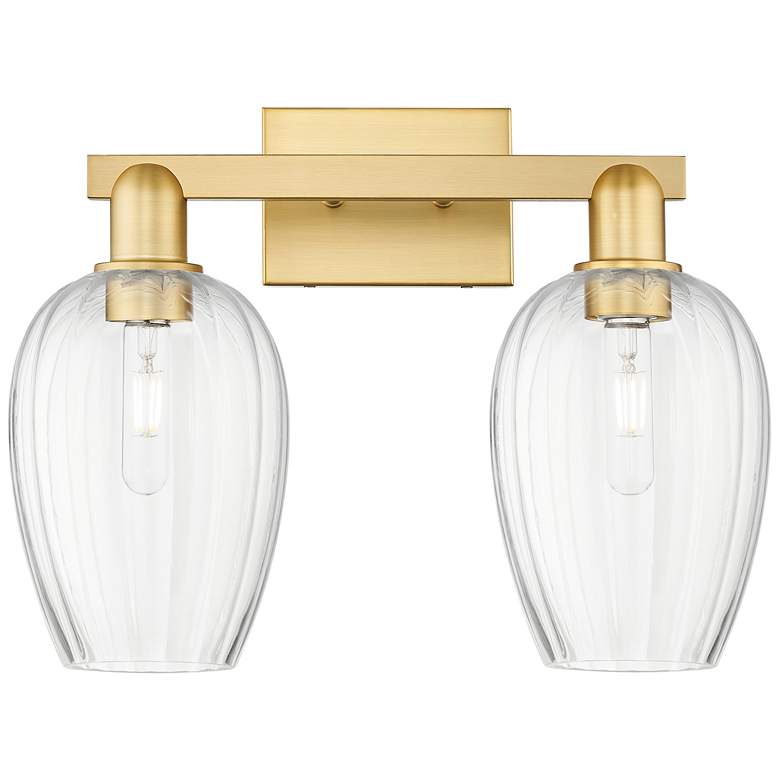 Image 1 Preston 16"W 2 Light Satin Gold Bath Light With Flute Clear Shade