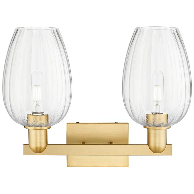 Image 2 Preston 16"W 2 Light Satin Gold Bath Light With Flute Clear Shade more views