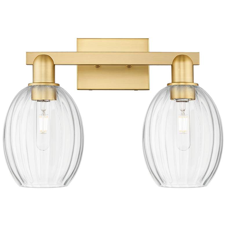Image 1 Preston 16"W 2 Light Satin Gold Bath Vanity Light With Bell Clear Shade