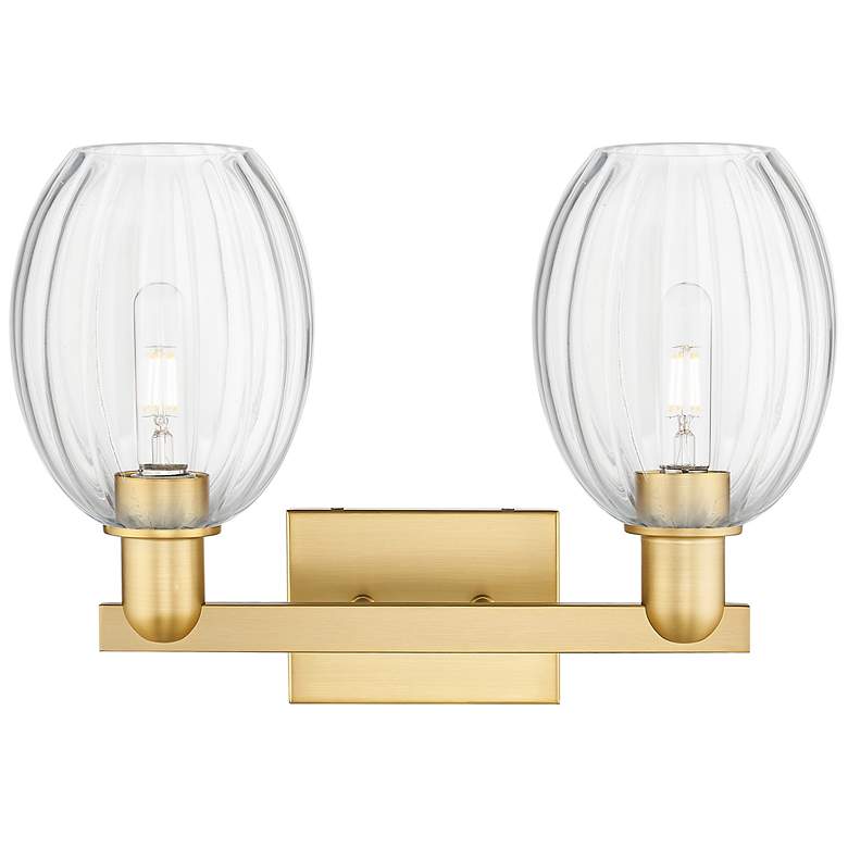 Image 2 Preston 16"W 2 Light Satin Gold Bath Vanity Light With Bell Clear Shade more views