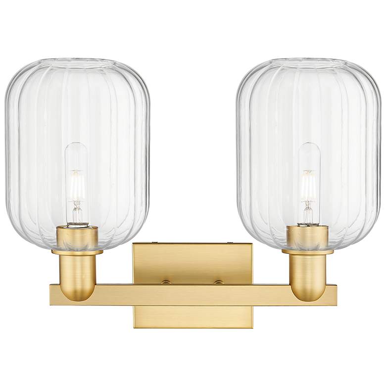 Image 2 Preston 16"W 2 Light Satin Gold Bath Vanity Light With Jar Clear Shade more views