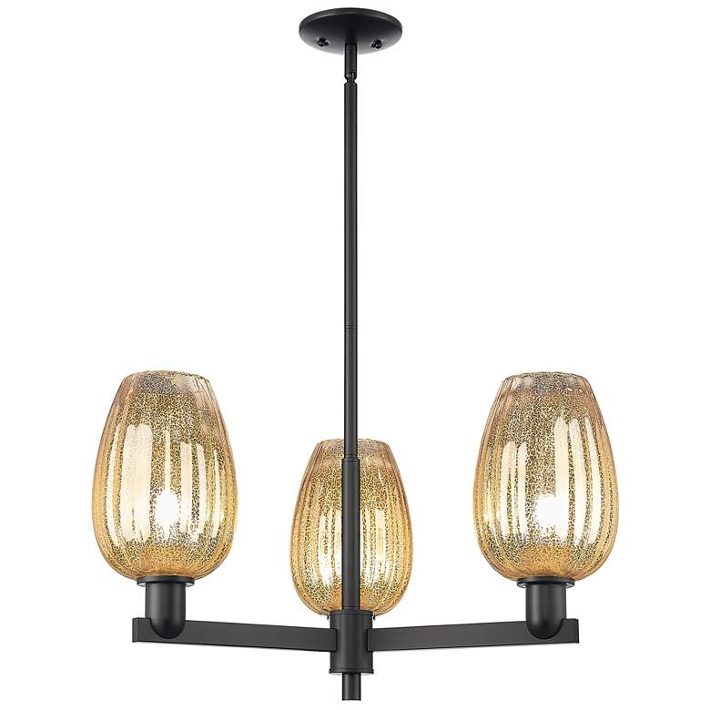 Image 1 Preston 18"W 3 Light Matte Black Stem Chandelier w/ Flute Mercury Shade