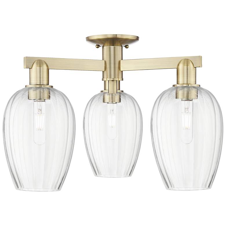 Image 1 Preston 24"W 3 Light Antique Brass Semi-Flush With Clear Flute Shade