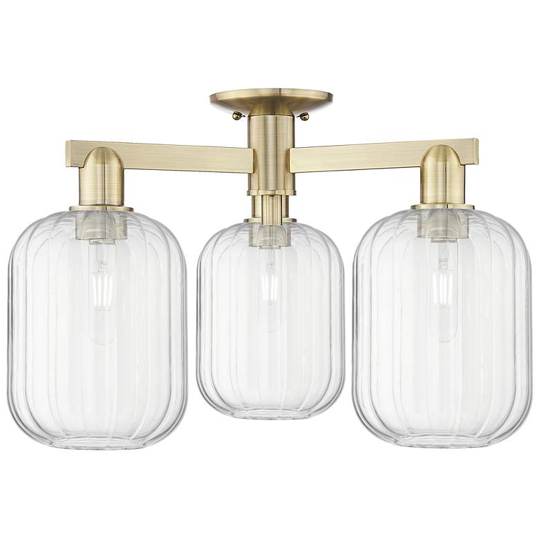 Image 1 Preston 24"W 3 Light Antique Brass Semi-Flush With Clear Jar Shade