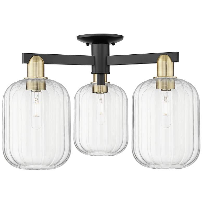 Image 1 Preston 24"W 3 Light Black Brass Semi-Flush With Clear Jar Shade