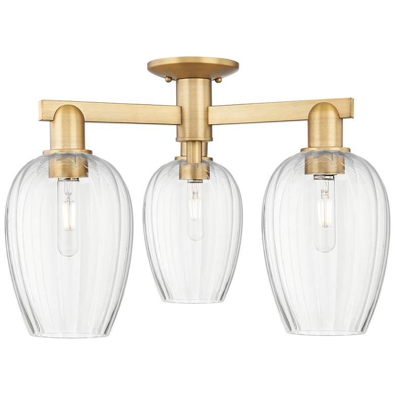 Image 1 Preston 24"W 3 Light Brushed Brass Semi-Flush With Flute Clear Shade