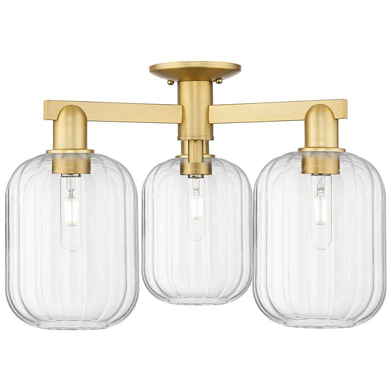 Image 1 Preston 24"W 3 Light Satin Gold Semi-Flush Mount With Clear Jar Shade