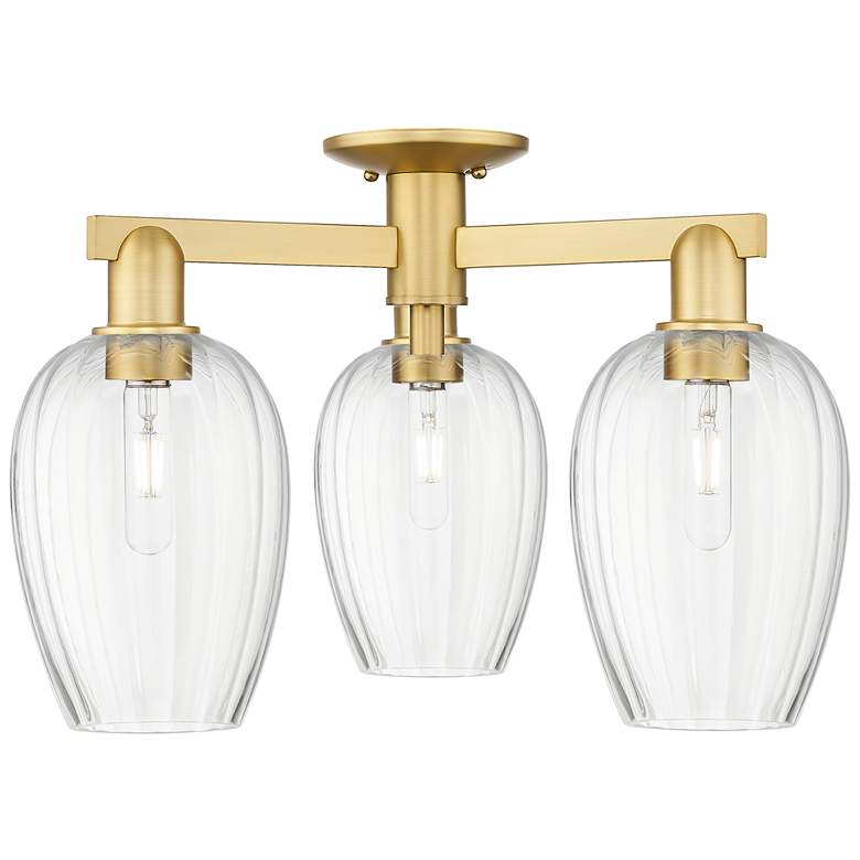 Image 1 Preston 24"W 3 Light Satin Gold Semi-Flush Mount With Flute Clear Shade