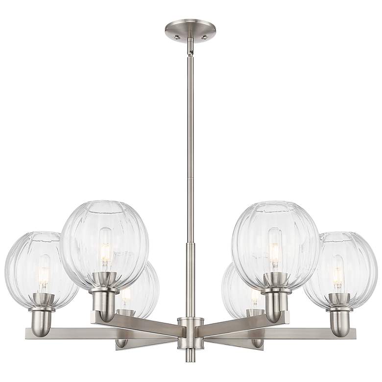 Image 1 Preston 24"W 6 Light Satin Nickel Stem Chandelier w/ Clear Globe Shade