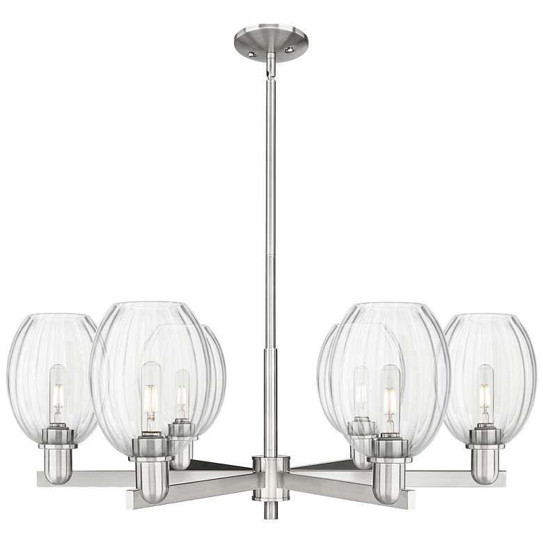 Image 1 Preston 24"W 6 Light Satin Nickel Stem Chandelier With Bell Clear Shade