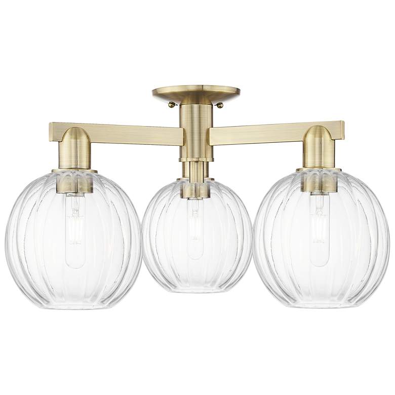 Image 1 Preston 25"W 3 Light Antique Brass Semi-Flush With Clear Globe Shade