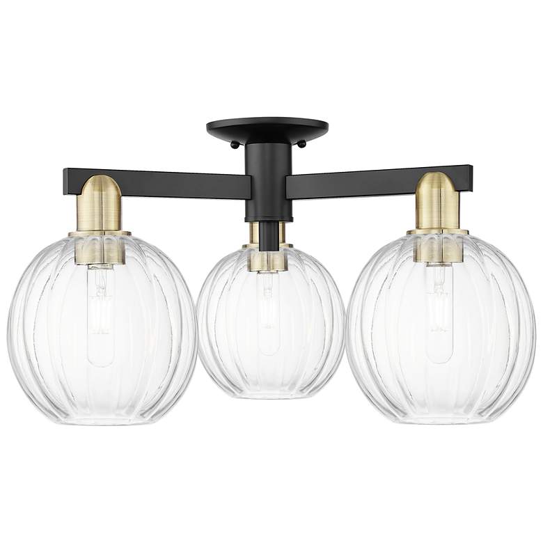 Image 1 Preston 25"W 3 Light Black Brass Semi-Flush With Clear Globe Shade