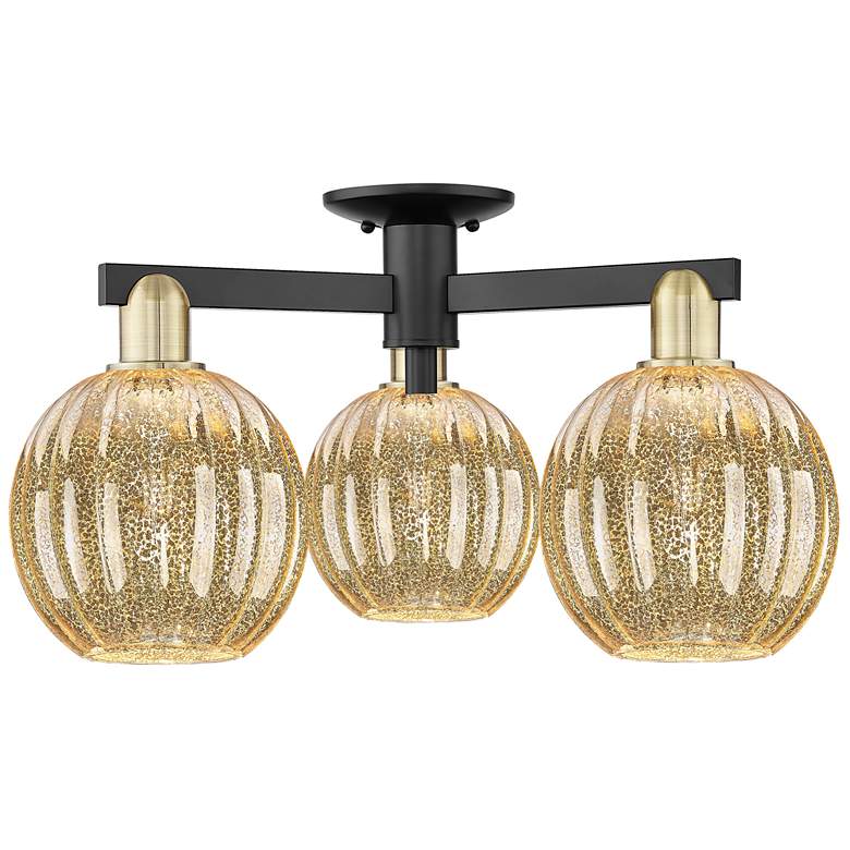 Image 1 Preston 25"W 3 Light Black Brass Semi-Flush With Mercury Globe Shade