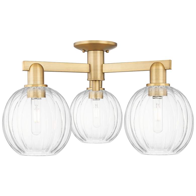 Image 1 Preston 25"W 3 Light Brushed Brass Semi-Flush With Clear Globe Shade