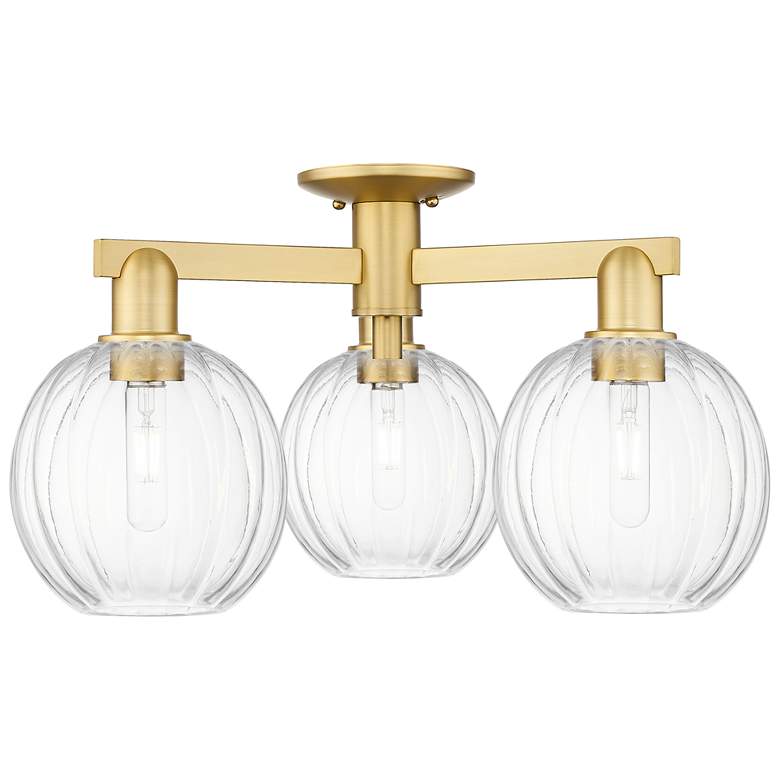 Image 1 Preston 25"W 3 Light Satin Gold Semi-Flush Mount With Clear Globe Shade