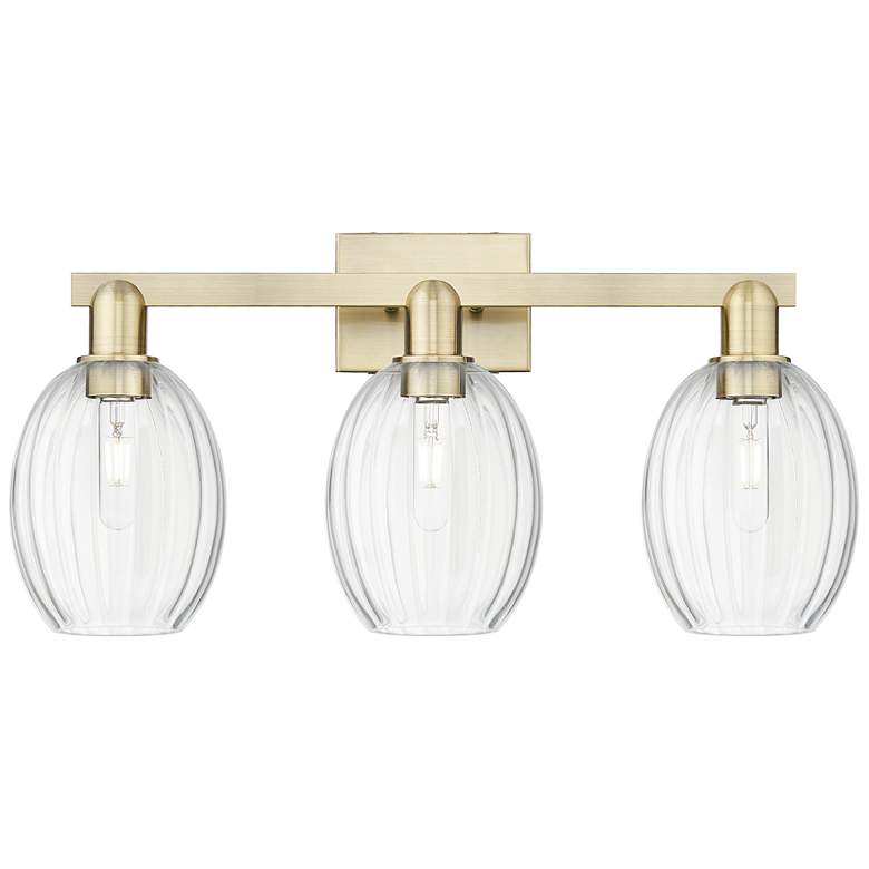 Image 1 Preston 26"W 3 Light Antique Brass Bath Light With Bell Clear Shade