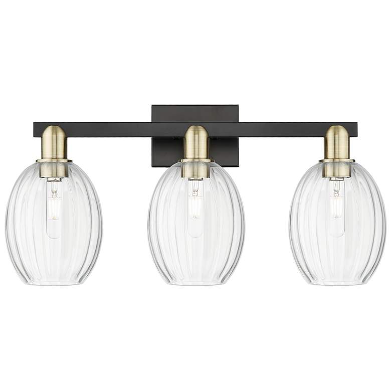 Image 1 Preston 26"W 3 Light Black Brass Bath Light With Bell Clear Shade