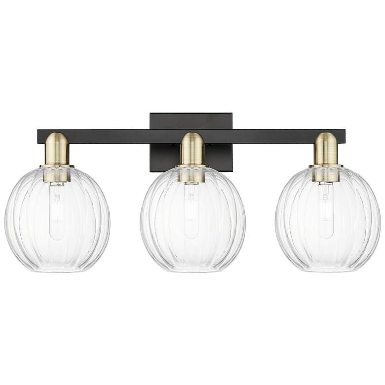 Image 1 Preston 26"W 3 Light Black Brass Bath Light With Clear Globe Shade