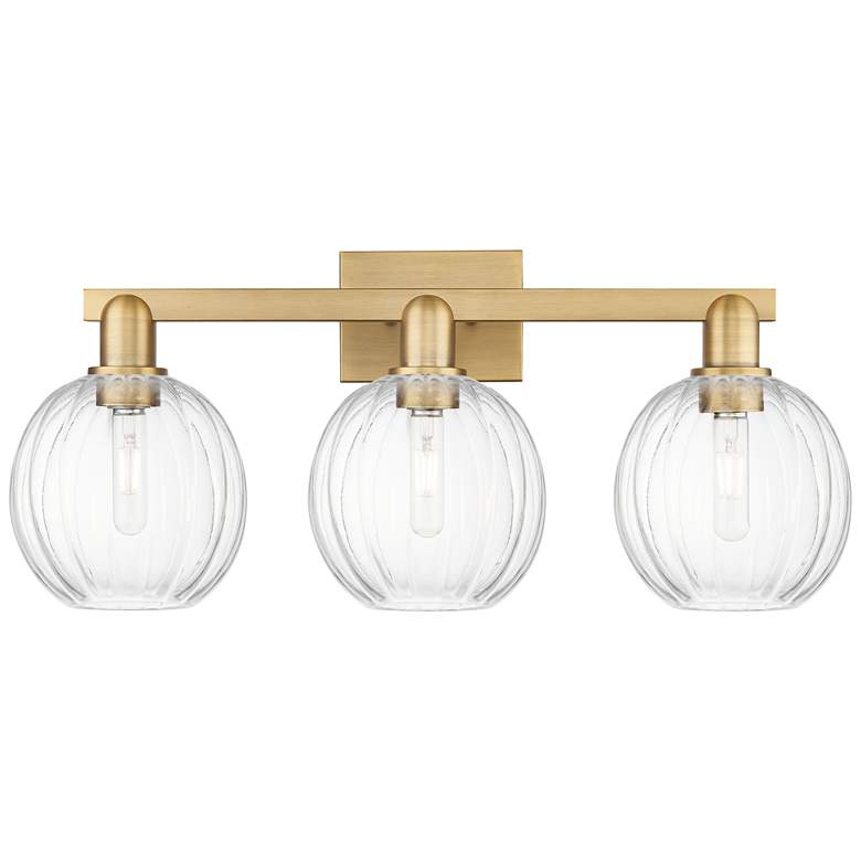 Image 1 Preston 26"W 3 Light Brushed Brass Bath Light With Clear Globe Shade