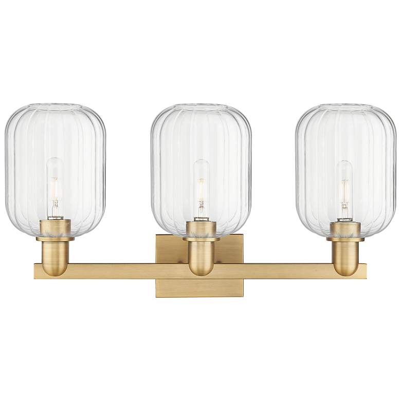 Image 2 Preston 26"W 3 Light Brushed Brass Bath Light With Clear Jar Shade more views
