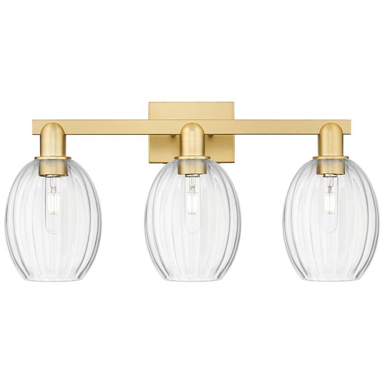 Image 1 Preston 26"W 3 Light Satin Gold Bath Vanity Light With Bell Clear Shade