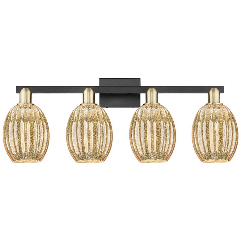 Image 1 Preston 36"W 4 Light Black Brass Bath Light With Bell Mercury Shade